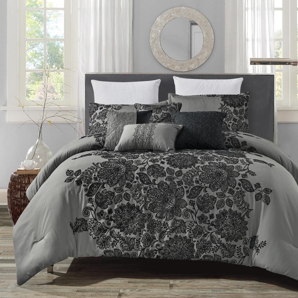 RYNGHIPY 7Pcs Grey Tufted Comforter Bedding Set Queen Size Embroidery Geometric Comforter Sets for Men and Women Soft and Durable Bedding Set for All Seasons