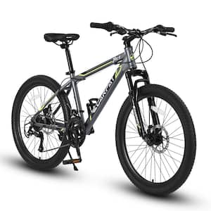24 in. Wheels Mountain Bike Carbon Steel Frame Disc Brakes Thumb Shifter Front Fork Bicycles, Gray
