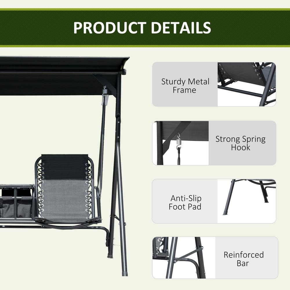 Deluxe Black Covered Porch Swing with Adjustable Canopy and Storage