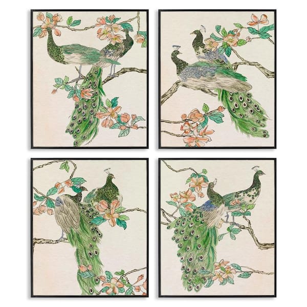Stupell Industries Traditional Peacocks on Branches by Melissa Wang 4-Pieces Black Framed Animal Giclee Art Print 20 in. x 16 in.