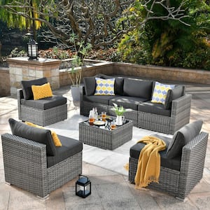 Messi Gray 7-Piece Wicker Outdoor Patio Conversation Sectional Sofa Set with Black Cushions