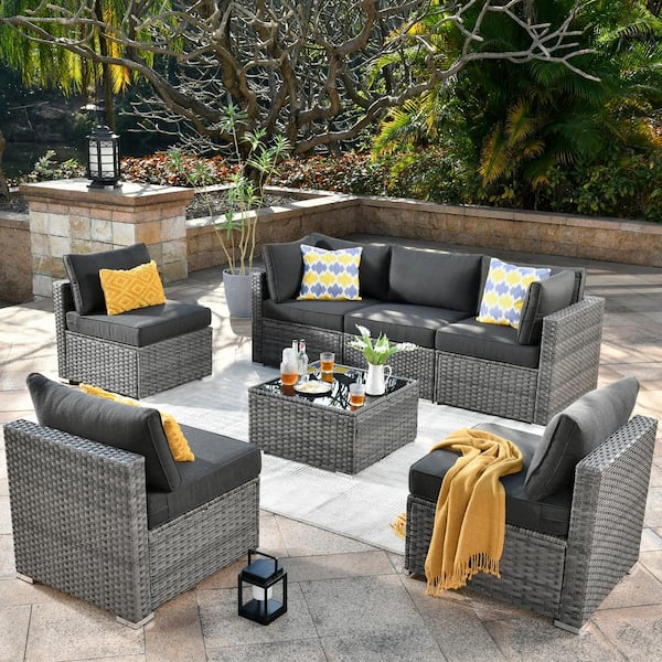 Hooowooo Messi Gray 7 Piece Wicker Outdoor Patio Conversation Sectional Sofa Set With Black 9902