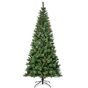 8 ft. Artificial Christmas Tree Hinged Tree with Pine Cones Metal Stand
