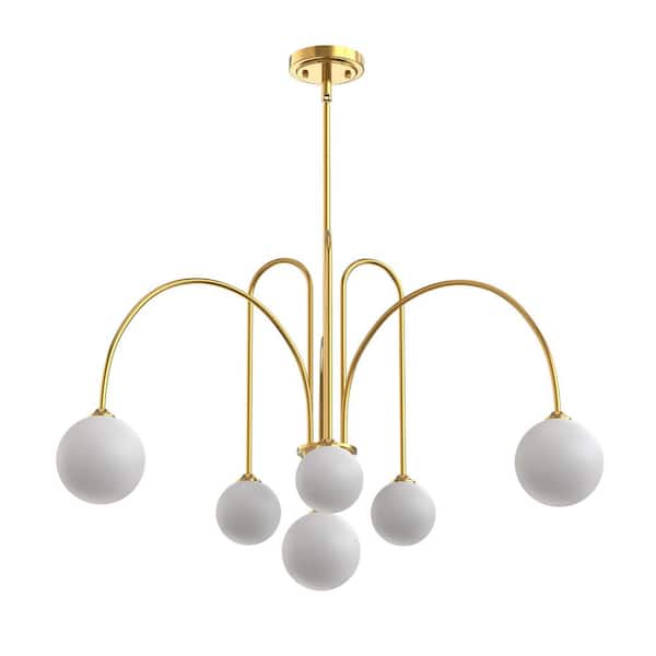 6-Light Modern 1-Tier Brass Chandelier with Frosted Glass Shades, Electroplated Metal Frame, G9 Base, 38.2 in. Width