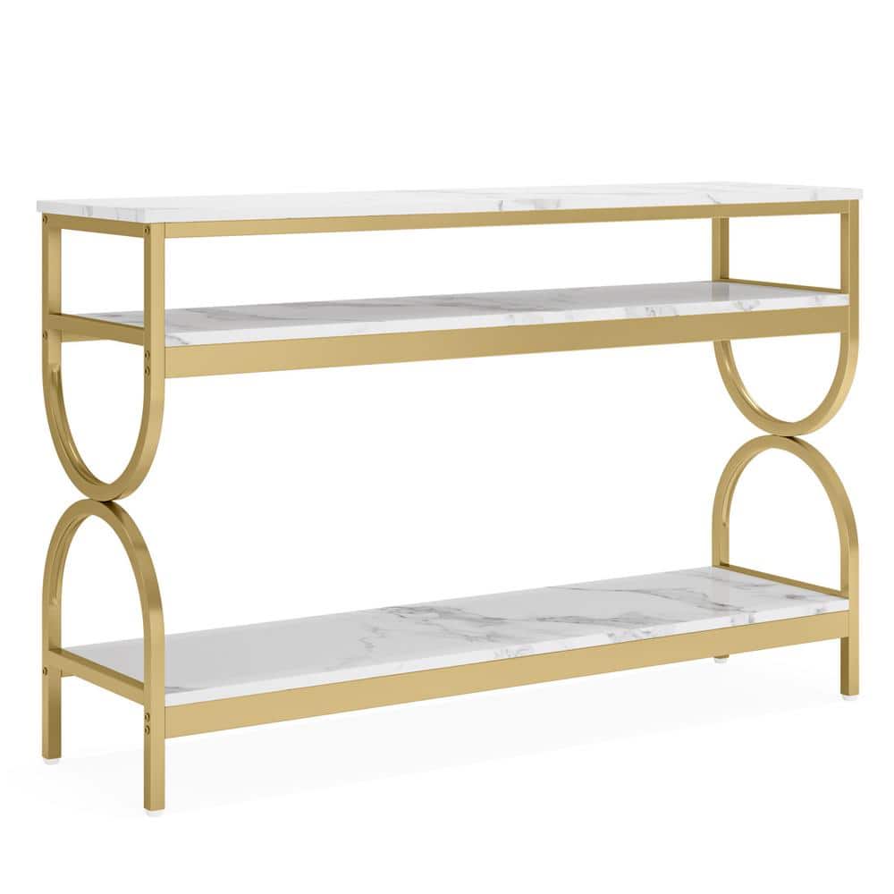 White and Gold Faux Marble 55" Console Table with Storage Shelves