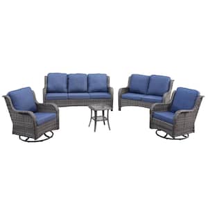 Monet Gray 5-Piece Wicker Patio Conversation Seating Sofa Set with Denim Blue Cushions and Swivel Rocking Chairs