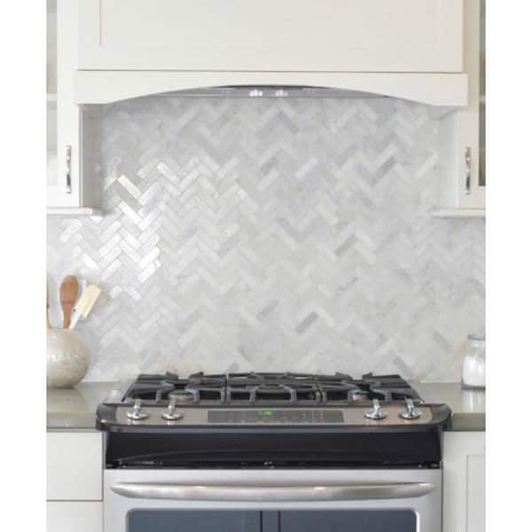 White 11.9 in. x 12.8 in. Herringbone Polished Marble Mosaic Tile (5.29 sq. ft./Case)