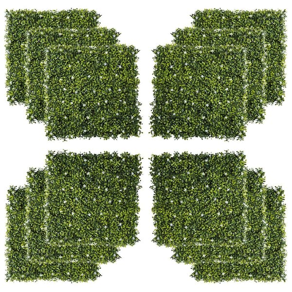 Afoxsos Green Milan Grass and Flower 20 x 20 in. 12-Pieces Artificial Grass Wall Panel for Indoor/Outdoor Decor, Wall Covering