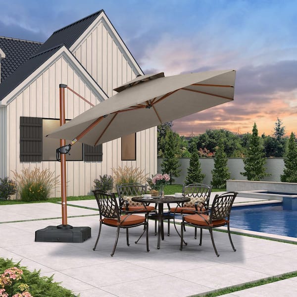 10 ft. Square Sunbrella Aluminum 360° Rotation Wood Pattern Cantilever Outdoor Patio Umbrella in Taupe