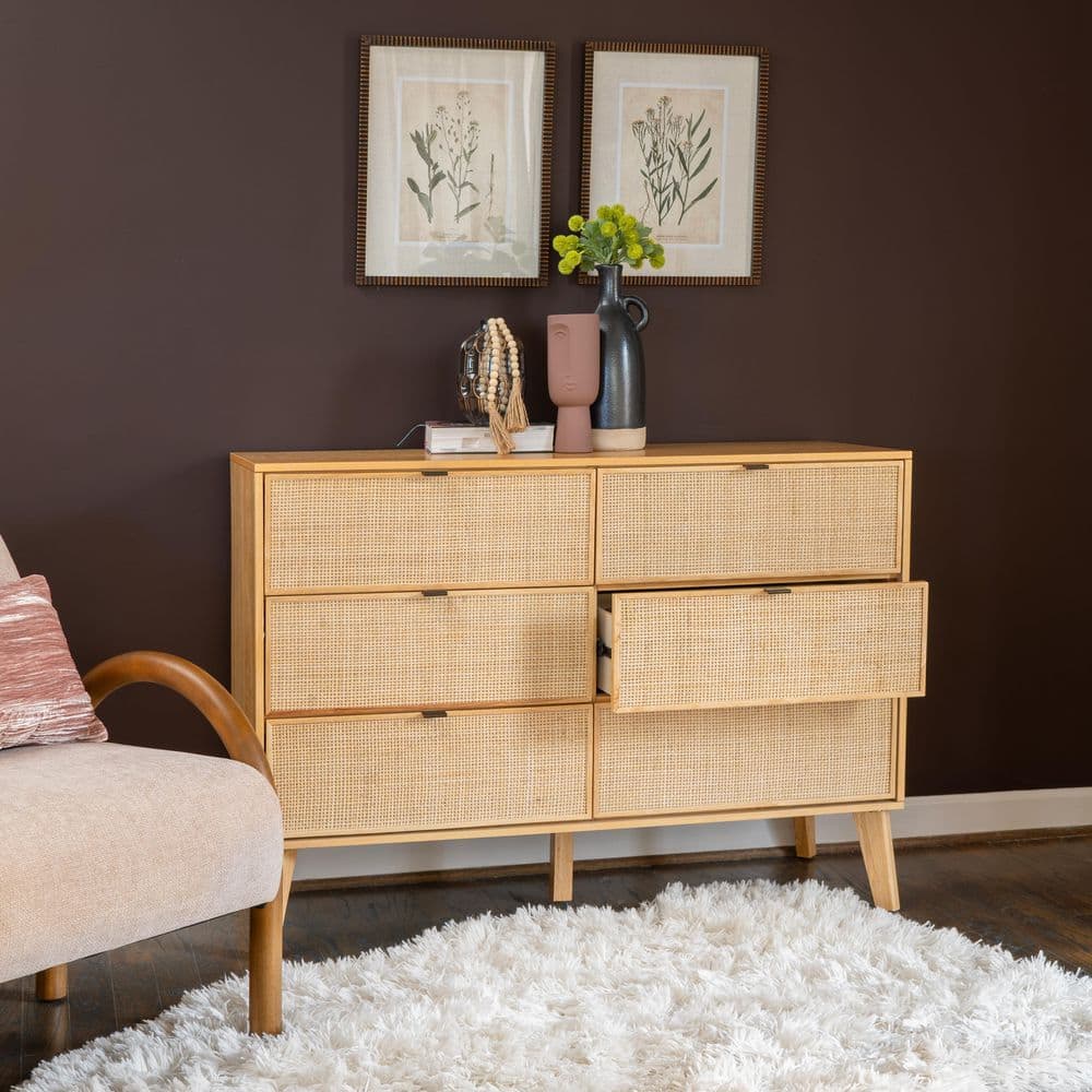 Mid-Century Natural Wood and Rattan 6-Drawer Dresser