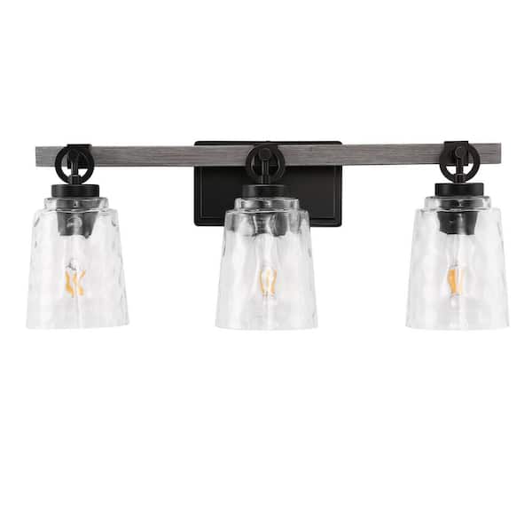 Emeritpro 24.1 in. 3-Light Black and Wood Grain Bell Clear Glass Vanity Light with Dimmable for Vanity, Powder Room Dressing Room