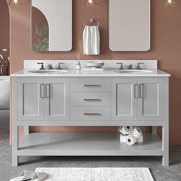 ARIEL Magnolia 61 in. W x 22 in. D x 36 in. H Bath Vanity in Grey with White Carrara Marble Vanity Top with Basins
