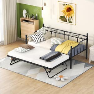 Black Twin Size Metal Daybed with Twin Size Adjustable Portable Folding Trundle