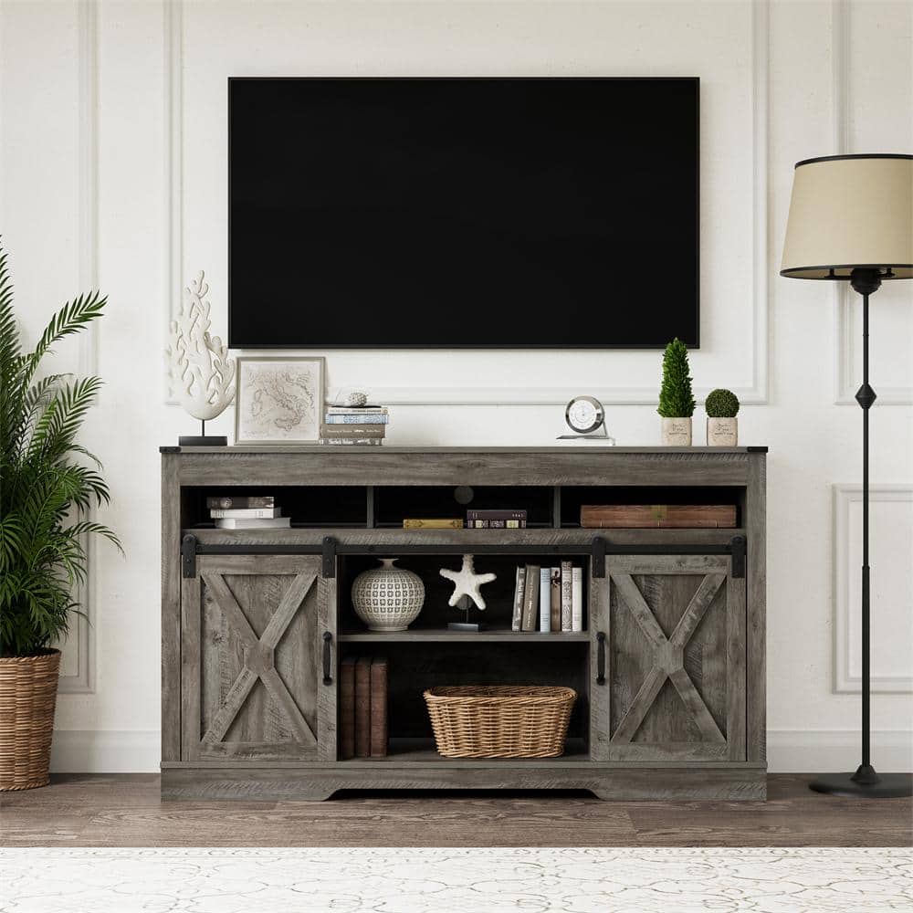 Light Gray Decorative Wooden TV Storage with 2Sliding Barn