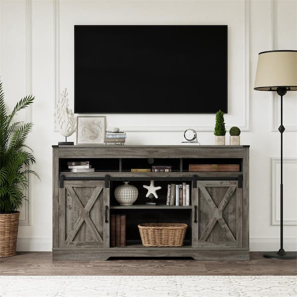 Unbranded Light Gray Decorative Wooden TV Storage Cabinet with 2-Sliding Barn Doors Available For bedroom Living Room Corridor