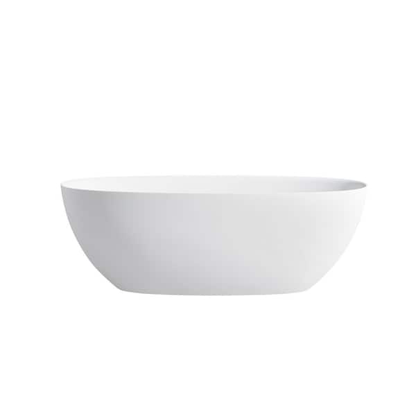 MYCASS 65 in. x 29.52 in. Elegant Soaking Freestanding Solid Surface Resin Stone Oval Bathtub with Center Drain in Matte White
