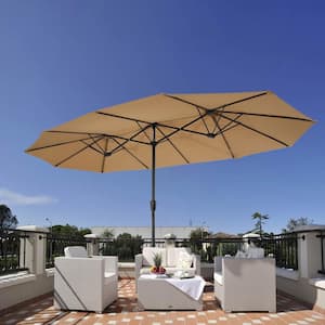 15 ft. x 9 ft. Steel Market Large Double-Sided Rectangular Patio Umbrella in Taupe with Crank