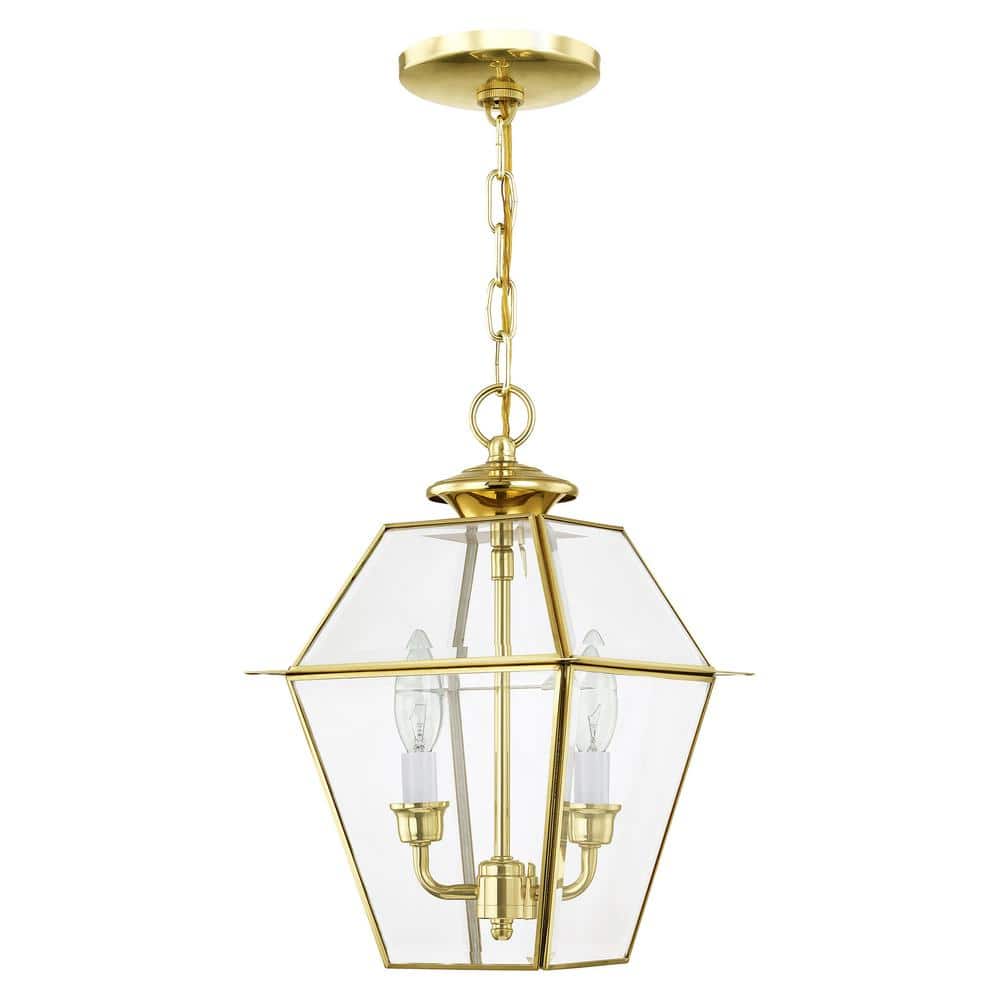 Westover Polished Brass 2-Light Outdoor Pendant with Clear Beveled Glass