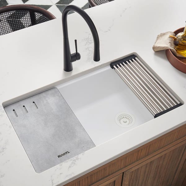 EpiStage 33 in. Undermount Single Bowl Kitchen Sink in Arctic White Granite Quartz Composite with Offset Drain
