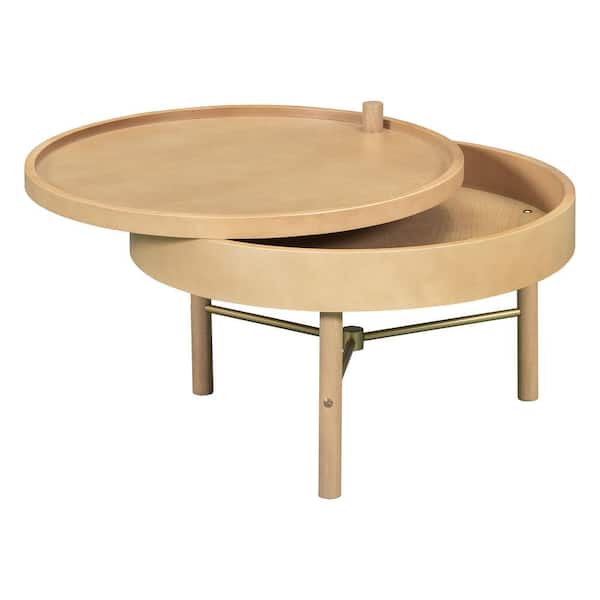Natural Round Wood Rotating Tray Coffee Table with Storage and Metal Legs