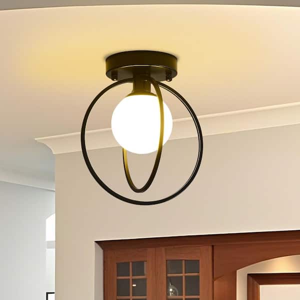 Modern 9.1 in. 1-Light Black Semi-Flush Mount Ceiling Light with Globe Glass Shade