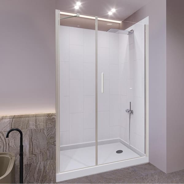 Winter White-Salishan 48 in. L x 34 in. W x 83 in. H Base/Wall/Door Rectangular Alcove Shower Stall/Kit Chrome Center