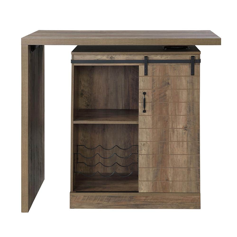 Rustic Oak Farmhouse-Industrial Bar Table with Swivel Top and Wine Rack