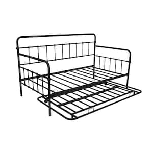 Black Twin Size Metal Daybed with Trundle, Space Saving Metal Platform Bed Frame with Handles, Casters and Metal Slats