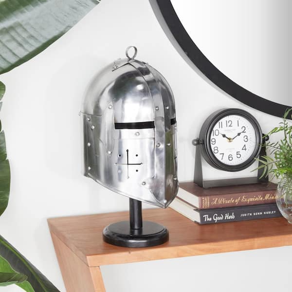 Silver Metal Replica Medieval Knight Crusader Helmet with Black Wood Stand