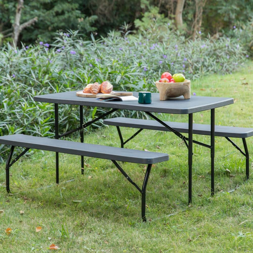 Gray Foldable Plastic and Steel Outdoor Picnic Table Set