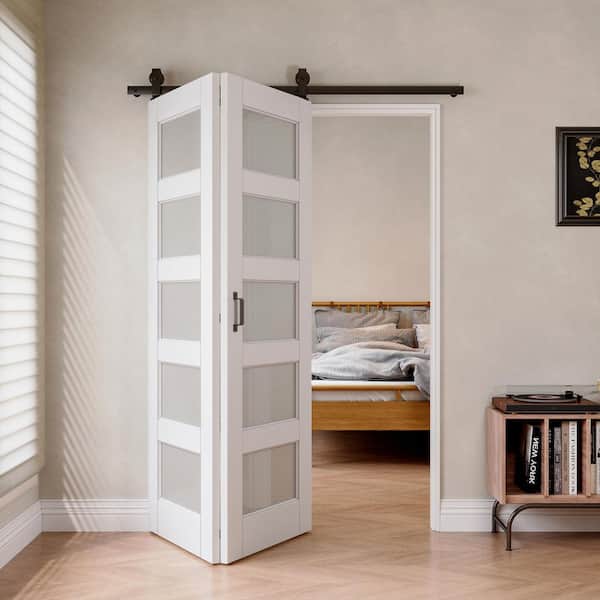 56 in. x 96 in. 5 Lite Tempered Frosted Glass White Primed MDF Bifold Sliding Barn Door with Black Finish Hardware Kit