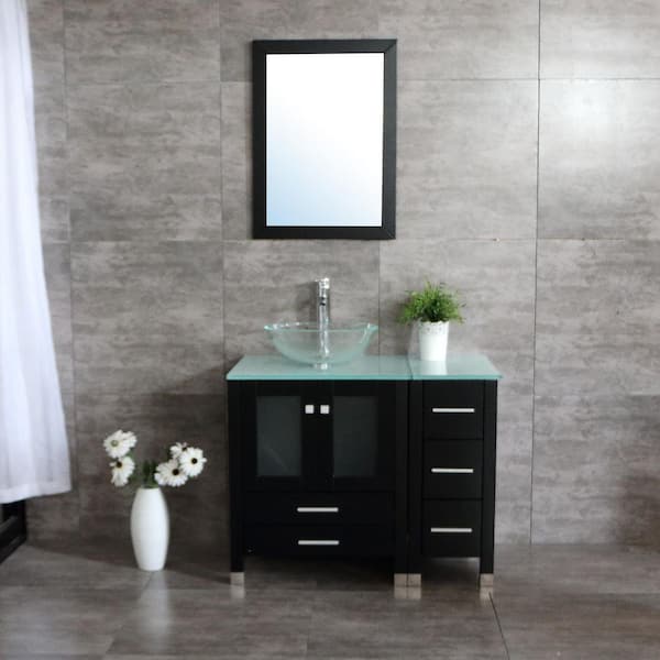 36 in. W x 21.3 in. D x 29.1 in. H Single Sink Bath Vanity in Black with Glass Top and Mirror