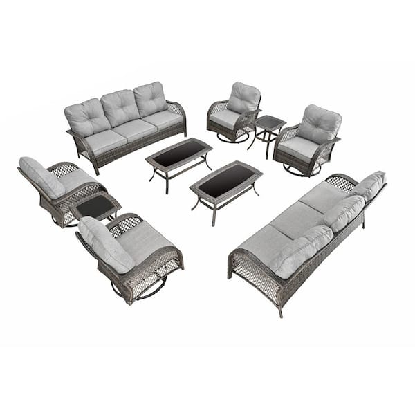 Patio Festival 10-Piece Wicker Patio Conversation Set with Gray Cushions