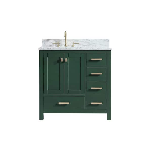 SUPREME WOOD Eileen 36in.W X22in.DX35.4 in. H Bathroom Vanity in Green with Marble Stone Vanity Top in White with Single White Sink.