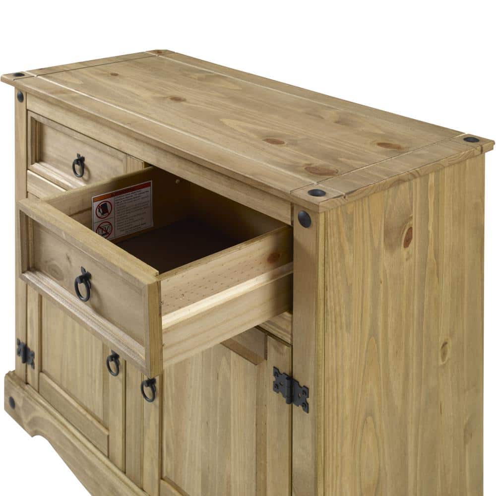 Close-up of an open drawer on the Corona Brown buffet sideboard.