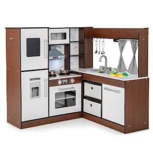 Wooden Corner Play Kitchen with Lights and Sounds Water Circulation System for Kids