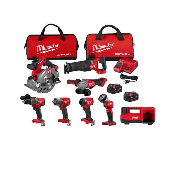 M18 FUEL 18V Lith-Ion Brushless Cordless Combo Kit w/ Two 5.0 Ah Batteries, 1 Charger, 2 Tool Bags (7-Tool) w/ Inflator