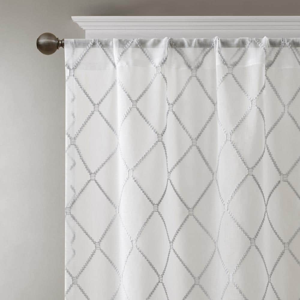 Gray Sheer Embroidered Diamond Rod Pocket Curtain Panel