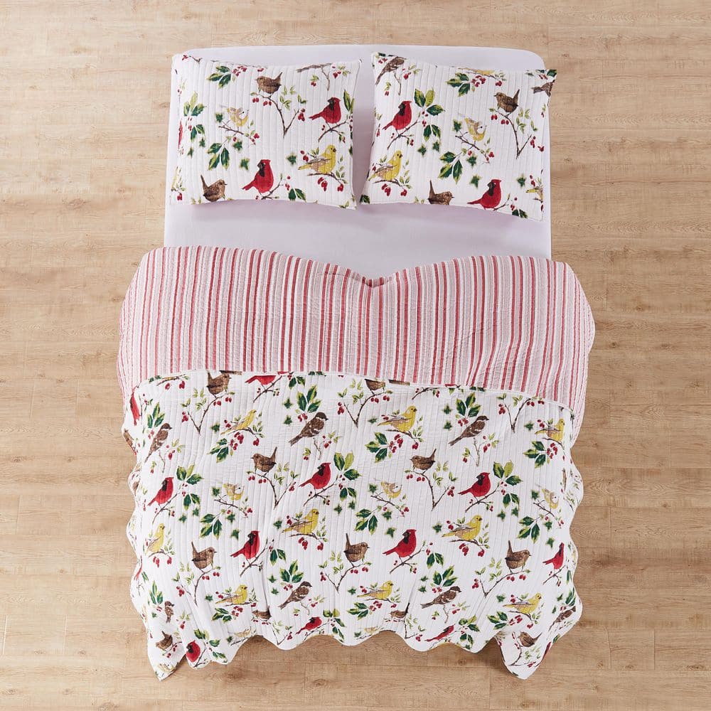 Joy Birds Reversible Red and White Microfiber Full/Queen Quilt Set