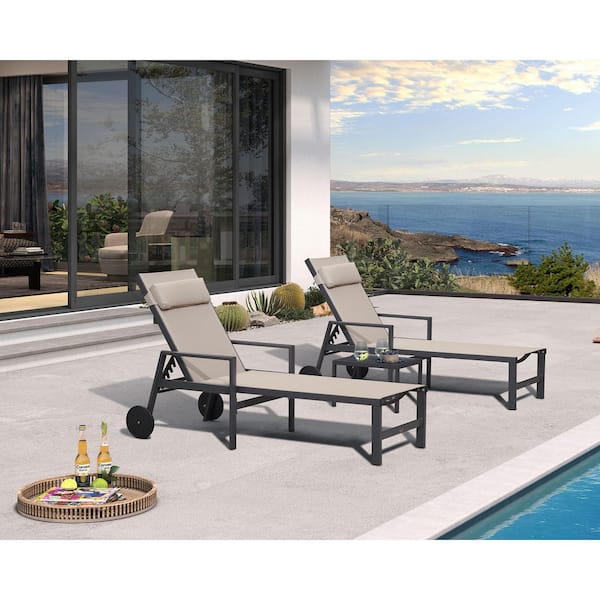 Black Frame Lounge of 3-Pieces Aluminum Outdoor Chaise Lounge with Cushion and Armrests, Beige