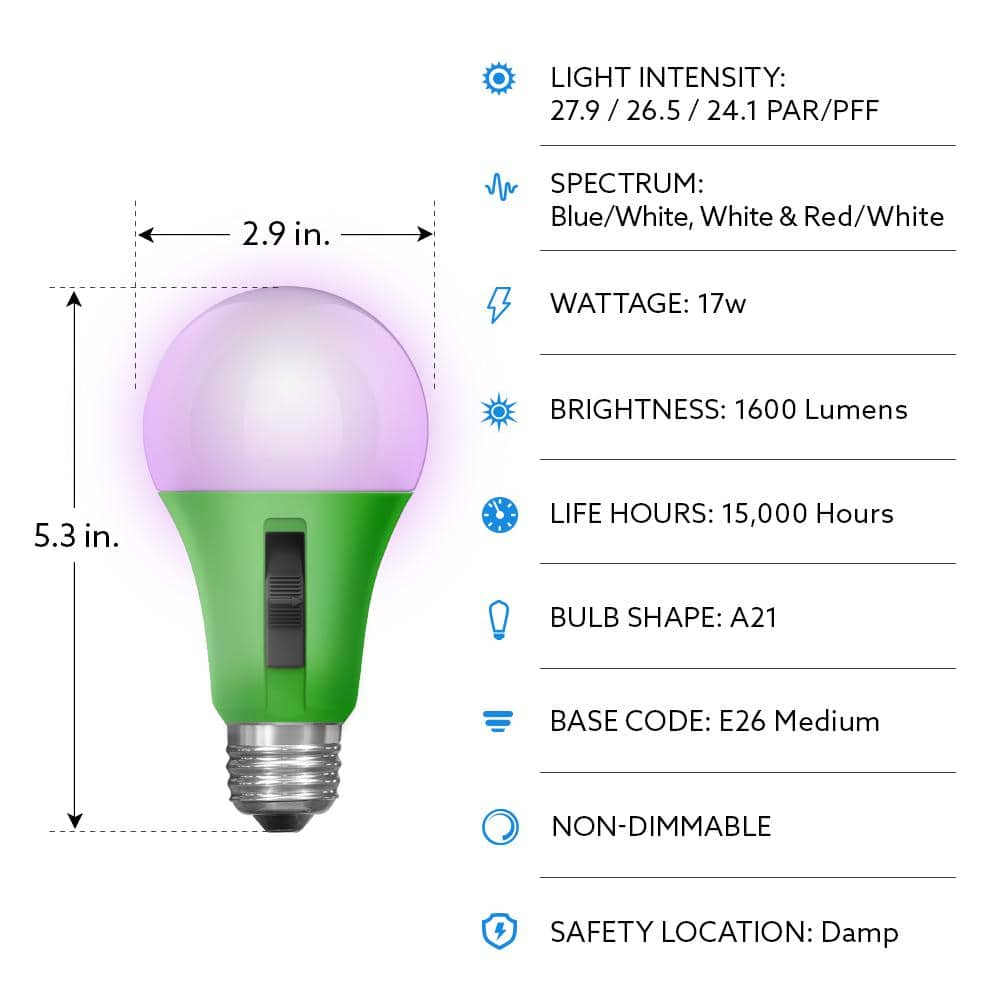 Green and White Adjustable Spectrum LED Grow Light Bulb
