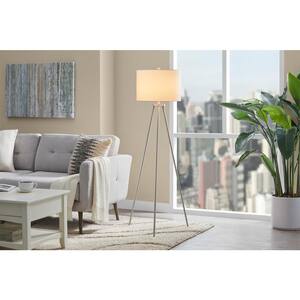 Quinby 58 in. Brushed Nickel Floor Lamp with White Fabric Shade