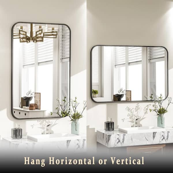 Rectangular Modern Black Aluminum Framed Rounded Bathroom Mirror Wall Mirror 26 in. W x 37.8 in. H