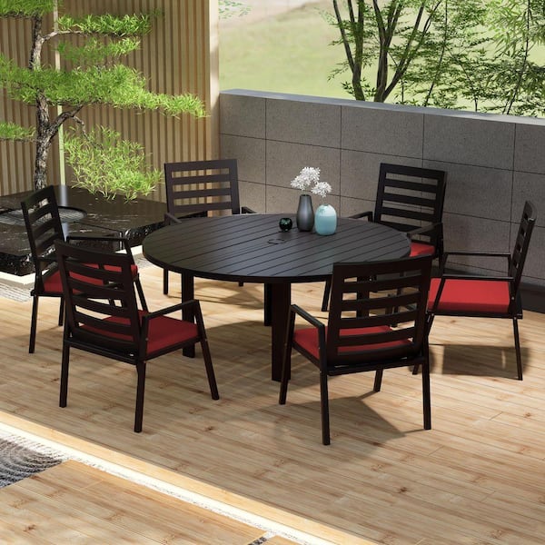 Chelsea 7-Piece Aluminum Outdoor Dining Set with 60 in. Round Table and 6 Dining Armchair w/ Cushions in Cherry Red