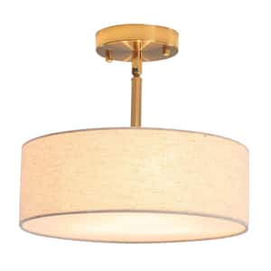 12.6 in. 3-Light Gold Drum Linen Blend Semi Flush Mount Ceiling Light with White Fabric Shade and No Bulbs Included