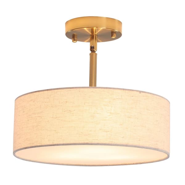 ADSENSTY 12.6 in. 3-Light Gold Drum Linen Blend Semi Flush Mount Ceiling Light with White Fabric Shade and No Bulbs Included