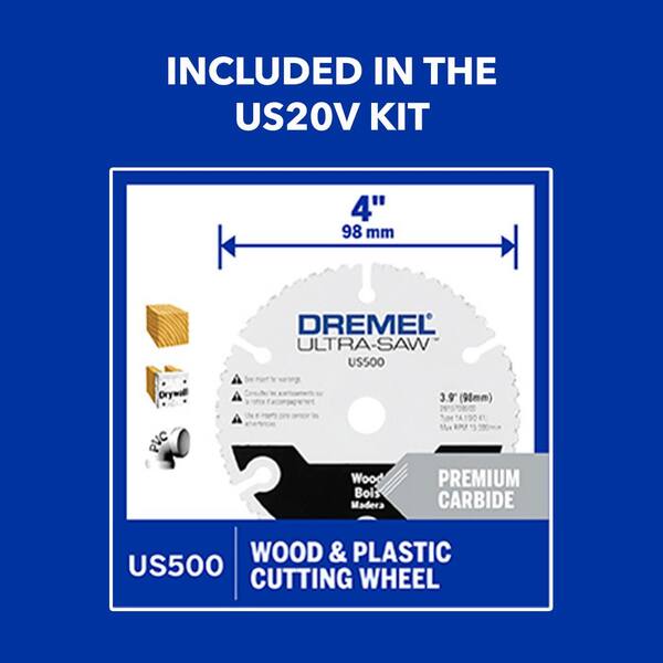 Dremel Ultra-Saw 20V MAX Cordless Compact Saw Tool with Ultra-Saw in.  Premium Carbide Wood and Plastic Flush Cutting Wheel US20V02+US60001 The  Home Depot