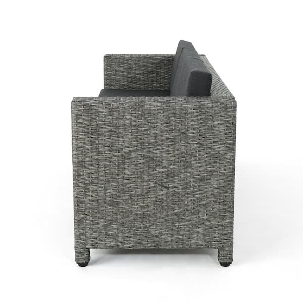 Noble House - Puerta Mixed Black Wicker Outdoor Patio Sofa with Dark Gray Cushions