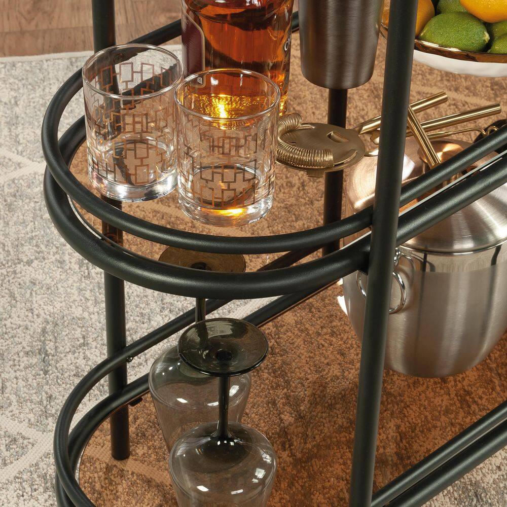 Coral Cape Black Metal Bar Cart with Amber Glass Shelves