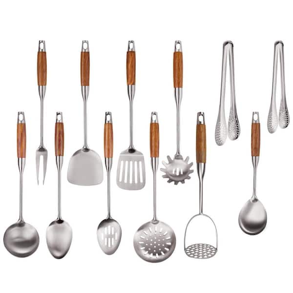 Stainless Steel Rosewood Finish Cooking Utensils Set Heat Resistant Metal Kitchen Tools with 12-Piece, Hanging Loop